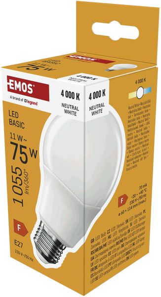 EMOS - LED-Lampe BASIC A60 - E27 Sockel - Neutralweiß - 1055 lm - 11W (Ersatz für 75W Glühbirne) - Lebensdauer 20 000 Stunden - Abstrahlwinkel 200° - CRI min. 80