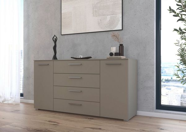 rauch Kombikommode Sideboard Schubkommode Kommode MONTCLAR Front Dekor/Hochglanz/Glas (Breite 160 / Höhe 81 cm, 2 Einlegeböden, inkl. Soft-Close-Funktion), 2-türig, 4 geräumige Schubladen, viele Griffvarianten MADE IN GERMANY