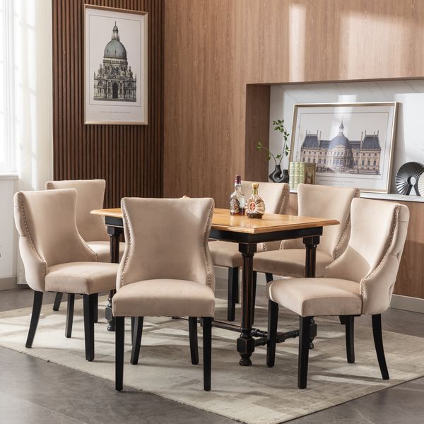 Esszimmerstuhl 50 x 41 x 91 cm, Samt/Velvet beige mit Massivholz-Gestell, 150 kg,6er-Set
