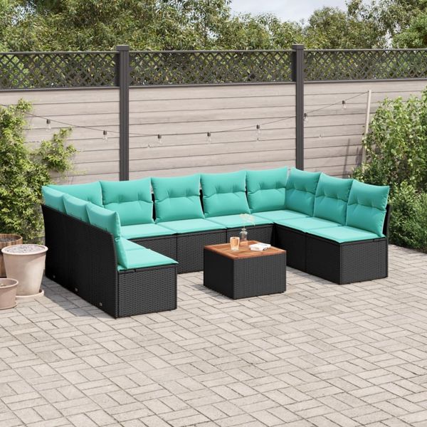 vidaXL 10-tlg. Garten-Sofagarnitur mit Kissen Schwarz Poly Rattan 3256120