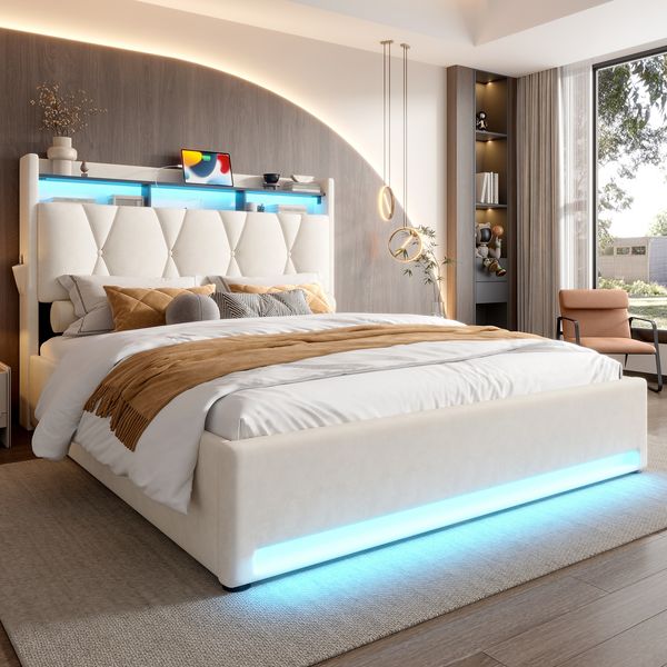 Flieks Doppelbett 140 x 200cm Polsterbett, Gepolsterter Bettrahmen mit LED-Beleuchtung, USB Type-C-Ladefunktion und Unterbettaufbewahrung, Stauraum-Kopfteil, Beige