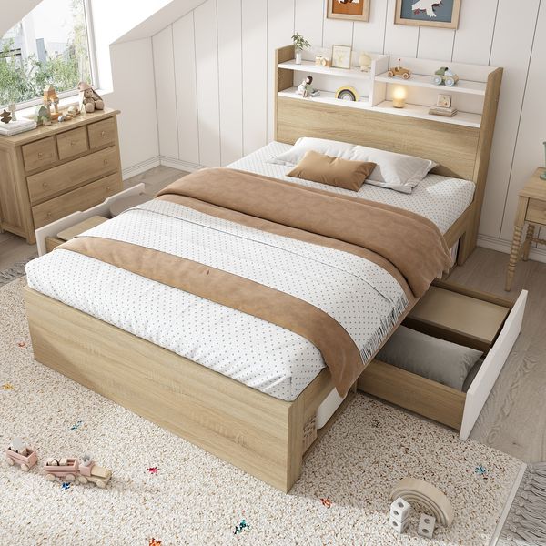 Einzelbett Holz mit Kopfteil-Ablage & 2 Schubladen, 90x200 cm, Weiß/Eiche, ohne Matratze