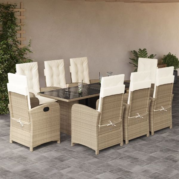 vidaXL 9-tlg. Garten-Essgruppe mit Kissen Beige Poly Rattan 3212262