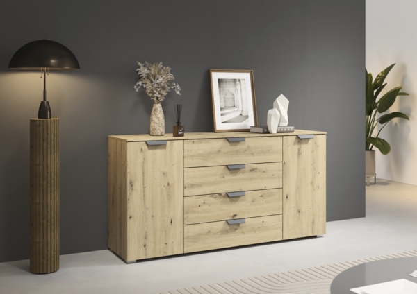 rauch Aditio Box, Kommode, 2-türig, 4 Schubladen, mit Softclose-Funktion, Farbe Eiche Artisan, BxHxT 160x81x43cm