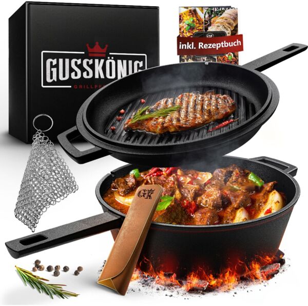 2in1 Casserole 3,6 l aus Gusseisen – Topf & Pfanne in einem, mit Ledergriff & Ringreiniger, eingebrannt, für Induktion, Grill & Backofen