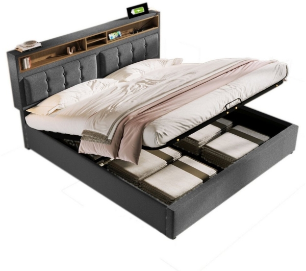 Flieks Polsterbett, Hydraulisches Doppelbett mit USB/Typ-C Ladefunktion 140x200cm Leinen Bild 1
