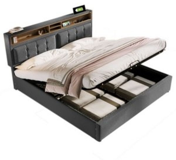 Flieks Polsterbett, Hydraulisches Doppelbett mit USB/Typ-C Ladefunktion 140x200cm Leinen Bild 6