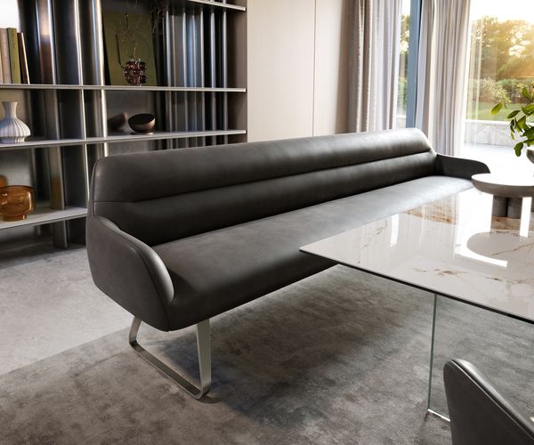 Esszimmerbank Taya-Flex 300 cm Mikrofaser Anthrazit Vintage Kufengestell flach Edelstahl Taschenfederkern
