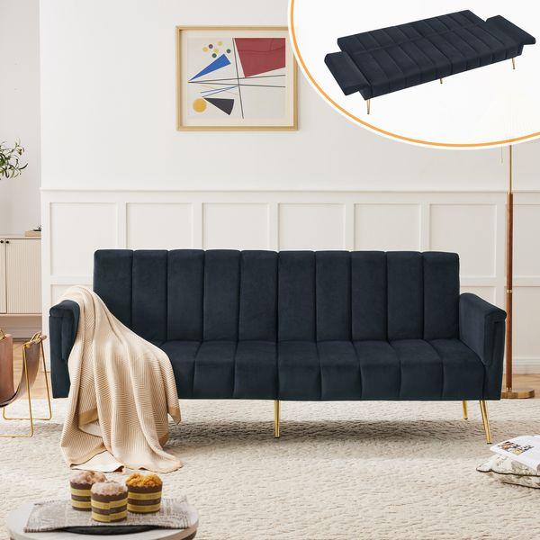 Schlafsofa 183x76x75 cm, 5-fach verstellbare Rückenlehne & Armlehnen, Samtstoff, multifunktionales Sofa mit Metallfüßen, bequemes Gästebett,Schwarz