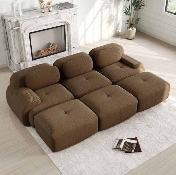 Modulares Ecksofa 75cm×298cm×178cm aus Cordstoff – rahmenlos, mit geschwungenen Armlehnen und 32D-Hochdichteschaum