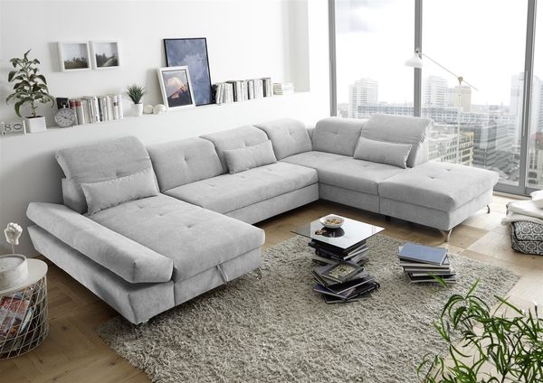 Wohnlandschaft >MELFI< Schlaffunktion, Stauraum, Bezug silver - 350x73x245 (BxHxT)