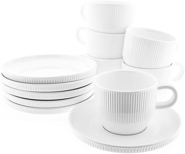 12 Teiliges Kaffee-Set, 6x Kaffeetassen, 6x Untertasse in Weiß mit Riffle Design