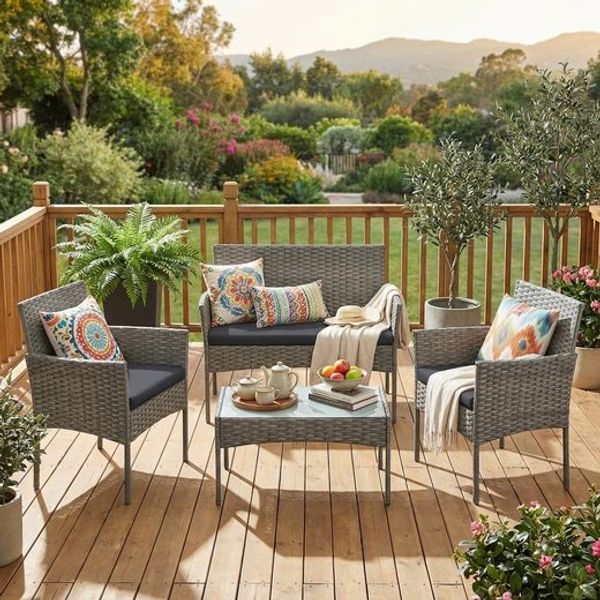 Songmics Gartenmöbel-Set mit Bank, Tisch & Stühle, Polyrattan, Grau