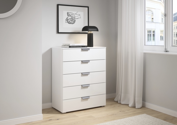 rauch Aditio Box, Kommode, 5 Schubladen, mit Glasfront, mit Softclose-Funktion, Farbe Weiß, BxHxT 80x100x42cm