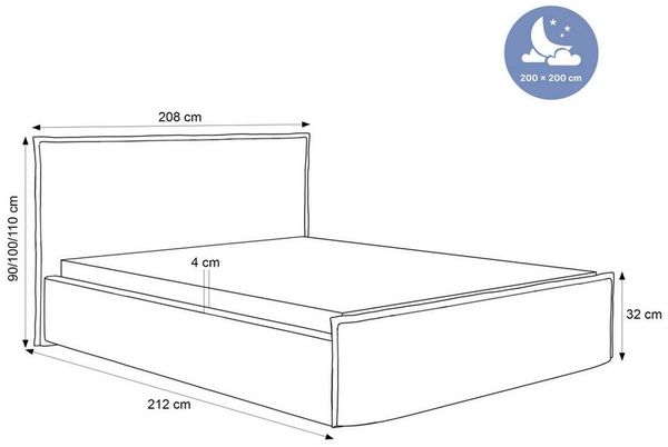 Goldstoff Polsterbett Bettgestell "SERENO" mit großem Stauraum & modernem eleganten Design (120–200x200 cm, Kopfteilhöhe 70/110 cm, Seitenhöhe: 30 cm), Bettgestell mit integriertem Stauraum & hochwertiger Verarbeitung