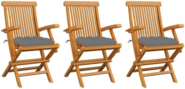 vidaXL Gartenstühle mit Grauen Kissen 3 Stk. Massivholz Teak 3062530