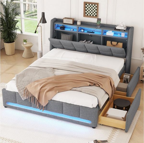 HAUSS SPOLE Polsterbett 140x200 mit LED-Licht, Schubladen, Steckdosen und USB, Staufach, Grau (mit LED-Beleuchtung, USB-Stecker & Schubladen, ideal für Schlafzimmer & Jugendzimmer, 140x200 cm), Ohne Matratze
