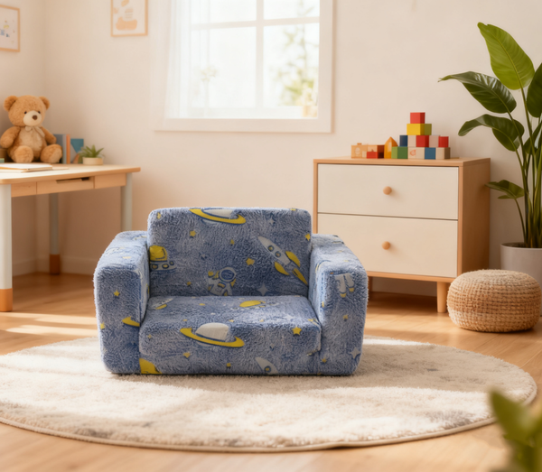 Aufklappbares Kleinkindsofa, nachleuchtend Astronaut Muster, abnehmbar waschbar, vakuumverpackt, faltbar, Geschenk für Kinder,Blau