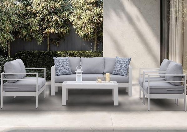 MeXo Gartenlounge-Set XXL Gartenmöbel Set Aluminium Outdoor, (weiß, harmonieren mit Licht bei Nacht, 5-tlg, Passt zum skandinavischen, mediterranen oder minimalistischen Stil), wetterfest Sitzgruppe Essgruppe Gartengarnitur für 6-7 Personen