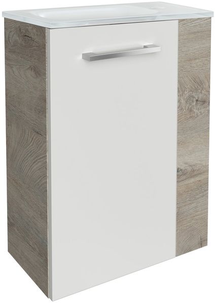 FACKELMANN SBC STANFORD Gäste WC Waschtisch Set 45 cm breit, Weiß/Braun hell, Waschbecken Glas Weiß, Türanschlag links