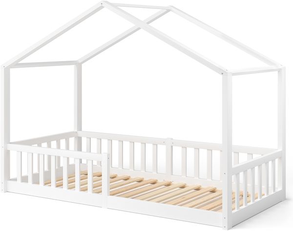Bellabino 'Bia' Hausbett 90x200 cm mit Matratze, weiß, Kiefer Massivholz, Bodenbett in Hausoptik, Montessori Kinderbett mit Rausfallschutz und Lattenrost Bild 2