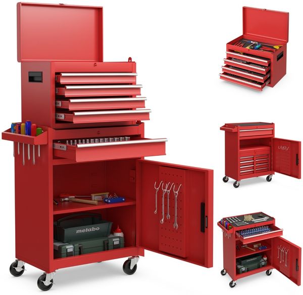 2 in 1 Werkstattwagen mit Koffer & 8 Fächer & Haken & Verstellbarem Regal 100 kg Tragkraft Rot