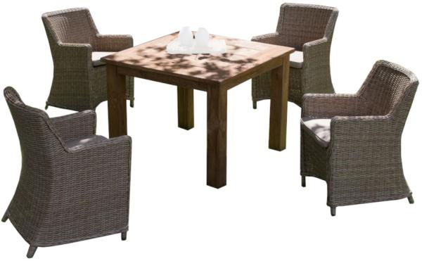 Inko 5-teilige Sitzgruppe Mino und Abacus Rattanoptik natur/Teakholz Tisch 100x100 cm