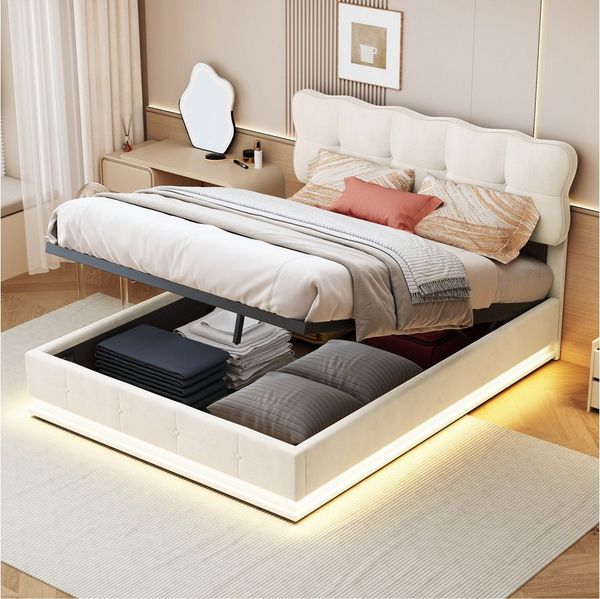 FUROKOY Stauraumbett Polsterbett Doppelbett mit LED-Beleuchtung (Gepolstertes Kopfteil mit Kekswellen-Design), Hydraulikbett Funktionsbett, ohne Matratze, Samt, Beige, 140x200cm