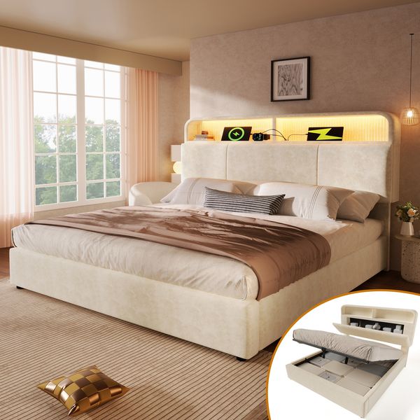 Polsterbett 180×200 cm mit höhenverstellbarem Stauraum-Kopfteil, LED & USB, Beige, ohne Matratze