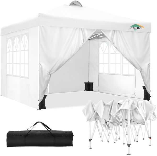 COBIZI Faltpavillon 3x3 m Wasserdicht Stabil Winterfest Pavillon Partyzelt Gartenpavillon mit Entlüftung, 4 Seitenteilen, 4 Sandsack, Höhenverstellbar, Pop up Faltbar Gartenzelt, Weiß