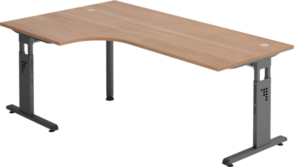 bümö höhenverstellbarer Eckschreibtisch O-Serie 200x120 cm in Nussbaum, Gestell in Graphit - Schreibtisch L Form, großer Tisch für's Büro, Computertisch höhenverstellbar, OS-82-N-G