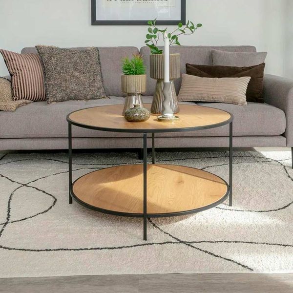 Moderner Couchtisch LEVEN 80cm Eiche-Look Industrial Design schwarz Metallgestell