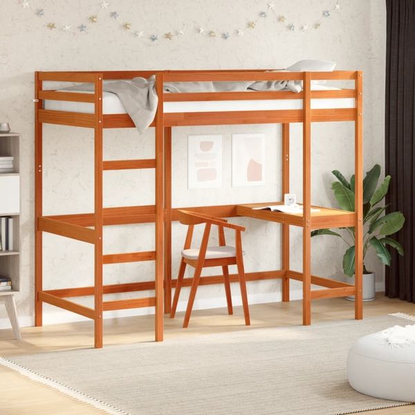 vidaXL Hochbett mit Schreibtisch Wachsbraun 90x190cm Massivholz Kiefer 842861