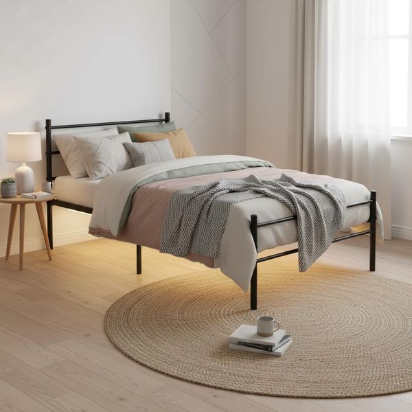 FurnitureR Metall Einzelbett 90×200 cm mit LED Streifen, 20 Farben Unterbett Beleuchtung, stabiles Plattformbett mit Lattenrost, ideal für Schlafzimmer, Jugendzimmer, bis 150 kg belastbar, Schwarz P