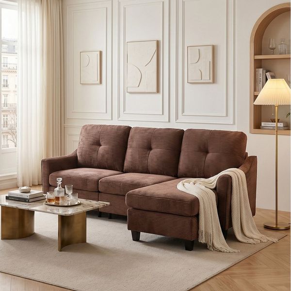Jiexi Ecksofa Cord Sofa Braun mit Hocker, 3-Sitzer/4-Sitzer Couch fürs Wohnzimmer