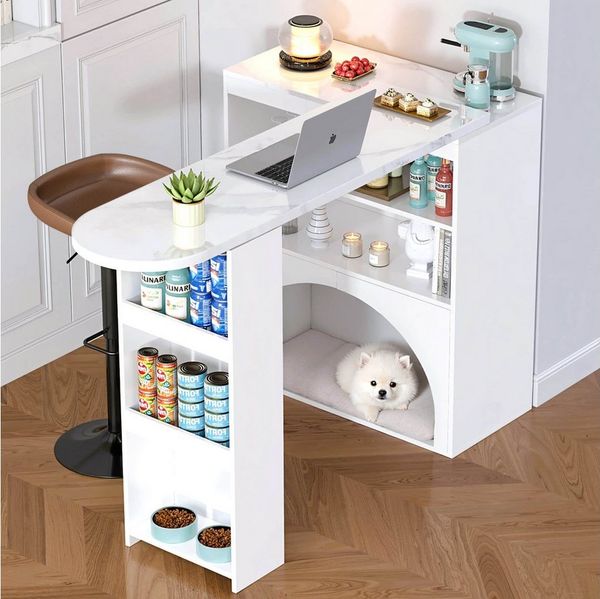 ANYSUN Schreibtisch Bartisch & ausziehbarer Thekentisch mit Haustierbereich, Marmorplatte (2 Pakete enthalten Tischplatte + Untergestell / Ablagen), mit Haustierbereich,Weiß, 120×40×100 cm, ohne Futterteller & Kissen