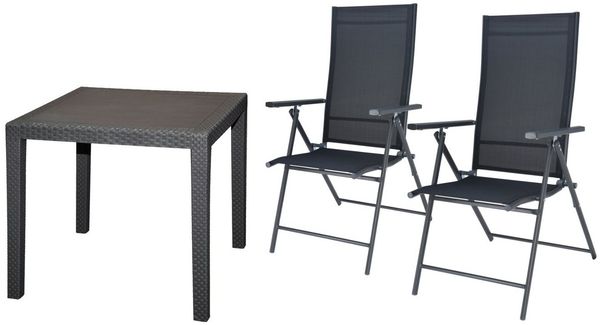 Progarden Garten-Essgruppe Gartenmöbel Sitzgruppe Anthrazit 3 Tlg. Set, (Set, 3-tlg, Tisch + 2 Klappstühle), Gartenmöbel Set, Gartenstuhl, Gartentisch, Möbel, Hochlehner