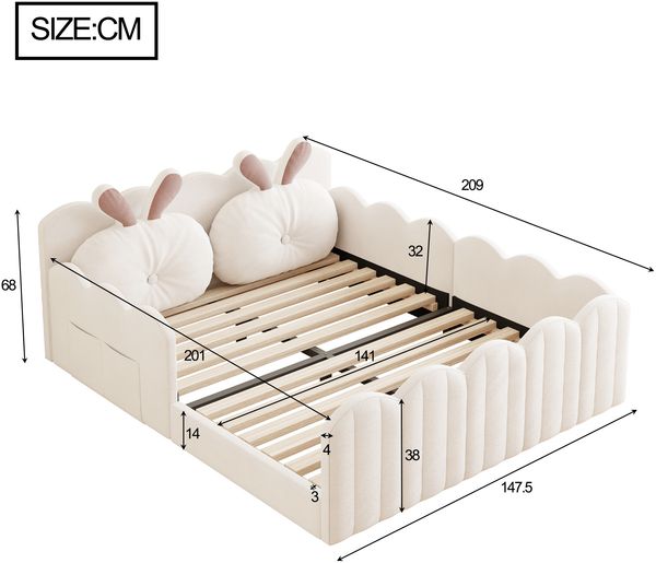 Merax Kinderbett Polsterbett, Doppelbett 140x200 Gepolstertes Plattformbett mit Kissen in Kaninchenform, Beige Bild 4