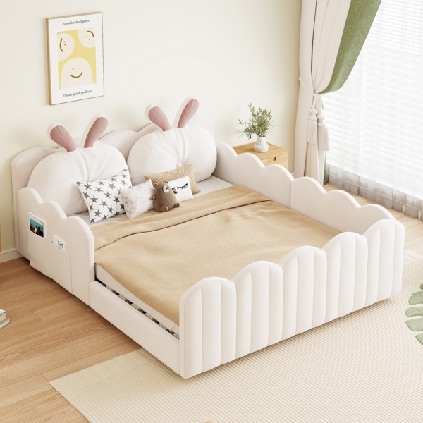 Merax Kinderbett Polsterbett, Doppelbett 140x200 Gepolstertes Plattformbett mit Kissen in Kaninchenform, Beige