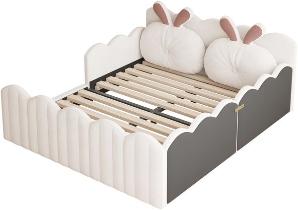Merax Kinderbett Polsterbett, Doppelbett 140x200 Gepolstertes Plattformbett mit Kissen in Kaninchenform, Beige Bild 8