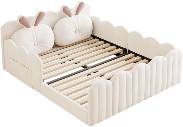 Merax Kinderbett Polsterbett, Doppelbett 140x200 Gepolstertes Plattformbett mit Kissen in Kaninchenform, Beige Bild 9
