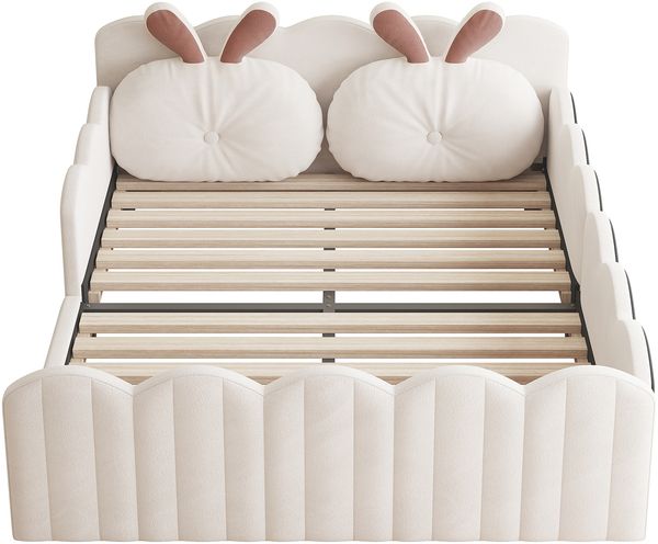 Merax Kinderbett Polsterbett, Doppelbett 140x200 Gepolstertes Plattformbett mit Kissen in Kaninchenform, Beige Bild 8