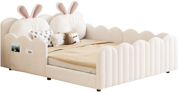 Merax Kinderbett Polsterbett, Doppelbett 140x200 Gepolstertes Plattformbett mit Kissen in Kaninchenform, Beige Bild 10
