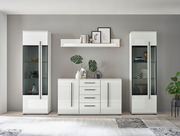 Home affaire Wohnwand Cantara, moderne Anbauwand, Wohnzimmer-Set, in Eiche Evoke oder Weiß, (Set), enthält zwei Vitrinen, ein Sideboard und ein Wandboard