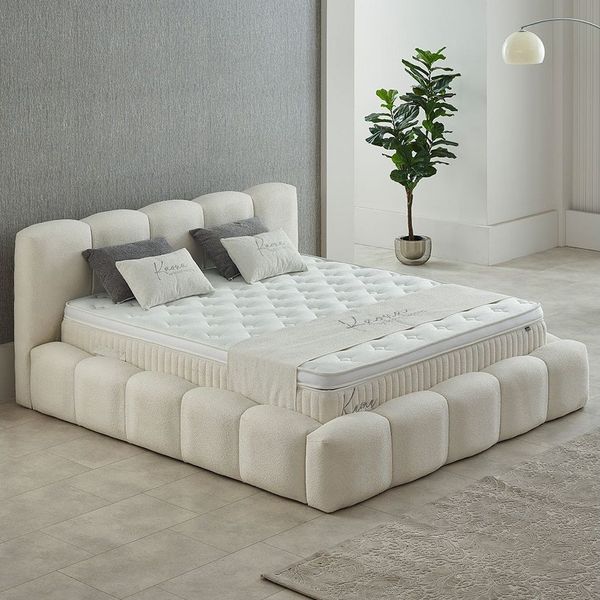 abc bedding Boxspringbett Komfortbett KAONA im stilvollen beige bouclé Stoffdesign, Voll-orthopädisches Schlafsystem inklusive Bettkasten