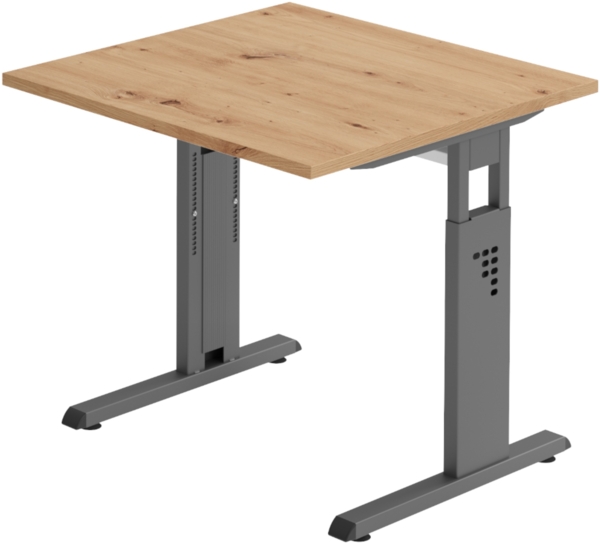 bümö höhenverstellbarer Schreibtisch O-Serie 80x80 cm in Asteiche, Gestell in Graphit - PC Tisch klein für's Büro manuell höhenverstellbar, Computertisch verstellbar, OS-08-R-G