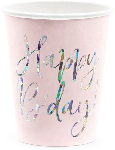 partydeco Einwegbecher, Papier, Pappbecher Happy B'day! 220ml rosa 6er Set