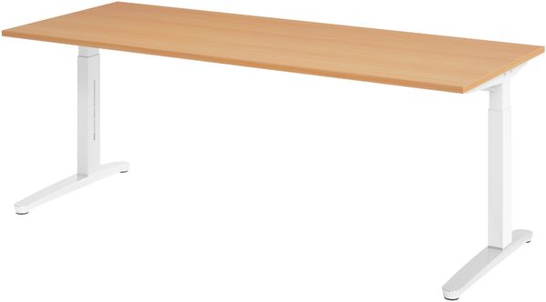 bümö manuell höhenverstellbarer Schreibtisch 200x80 in Buche, Gestell in weiß/alu - PC Tisch höhenverstellbar & groß, höhenverstellbarer Tisch Büro, großer Computertisch verstellbar, X20-6-WC