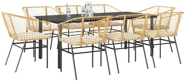 vidaXL 9-tlg. Garten-Essgruppe mit Kissen Braun Poly Rattan Glas 3334610