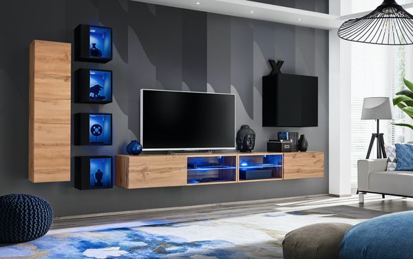 Hängende Wohnwand Switch XXVI in Wotan und Schwarz 320 x 150 cm 9-teilig